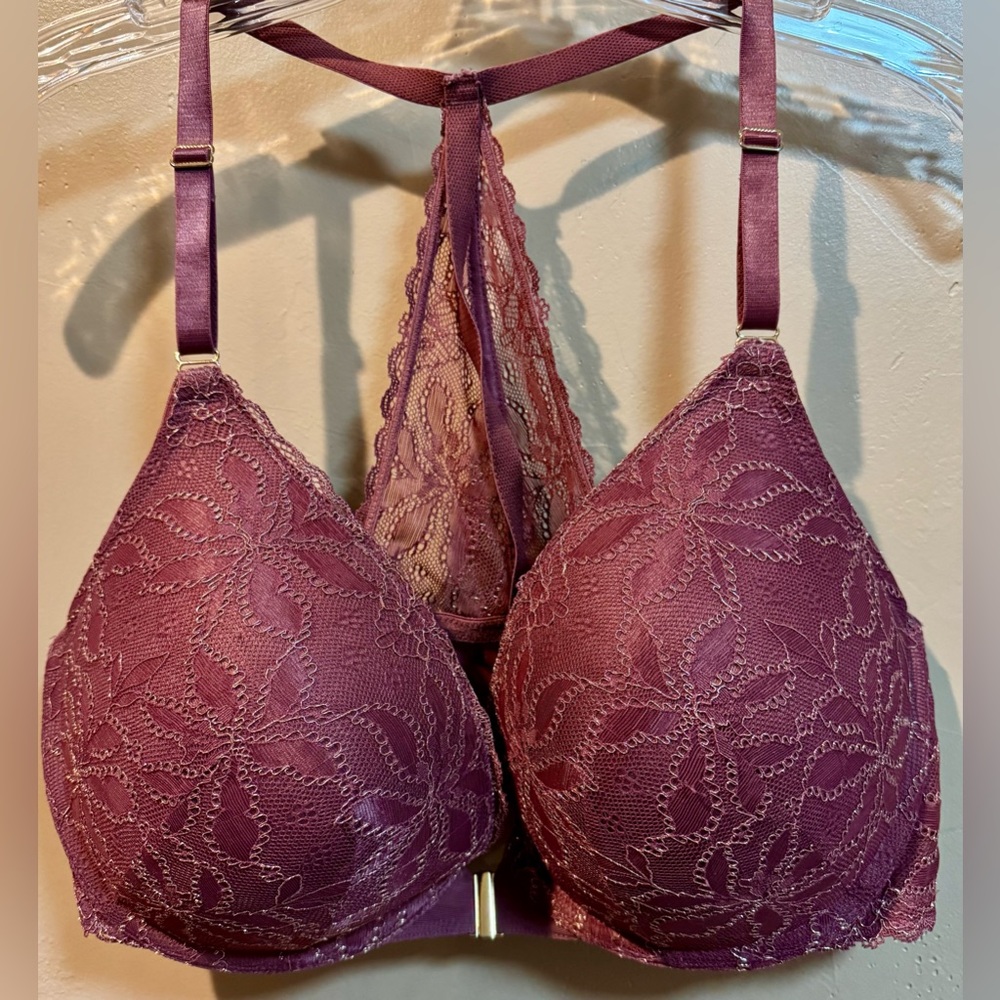 Cacique Purple Lace Full-Coverage Front Hook Racerback Bra